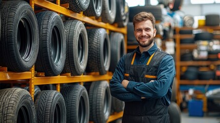 A cheerful mechanic stands with arms crossed in a well-organized tire shop, showcasing a variety of tires on display behind him