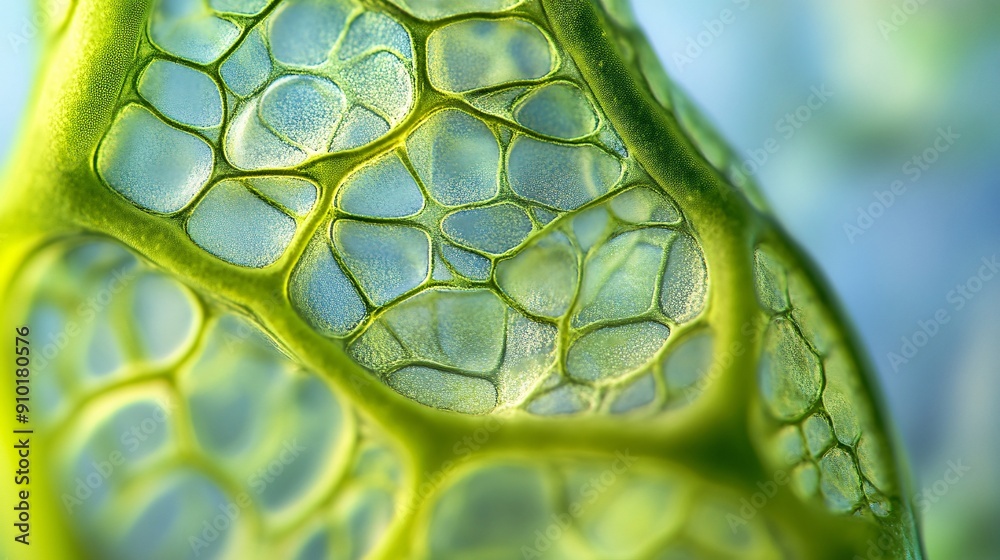 A detailed microscopic view of plant cells reveals the intercellular ...