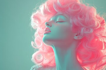 Poster - A model showcases a striking pose with curly pink hair against a softly illuminated backdrop in shades of blue and pink