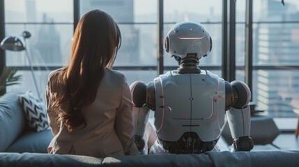 Poster - A businesswoman suit sitting with robot in office