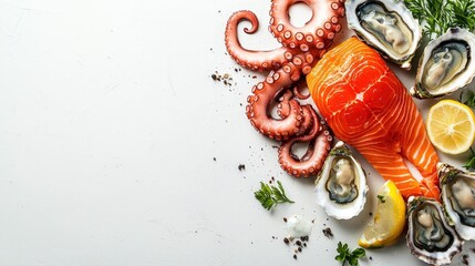 Poster - A vibrant seafood platter showcases fresh salmon fillet, cooked octopus, oysters on the half-shell, and bright lemon wedges