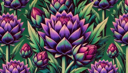 Aufkleber - Colorful artichokes bloom prominently with rich hues, elegantly surrounded by deep green foliage in this vibrant botanical design
