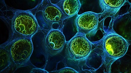 A high-resolution microscopic view of plant cells reveals the organization and structure of the cytoplasm and its organelles. The cell walls provide a distinct outline, showcasing the rigid framework