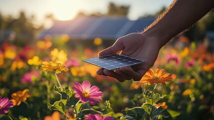 Canvas Print - A person holds a small solar panel while surrounded by colorful flowers under the warm glow of a setting sun