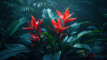 Poster - Vivid red flowers emerge from vibrant green leaves, surrounded by a tranquil mist in a lush tropical forest setting