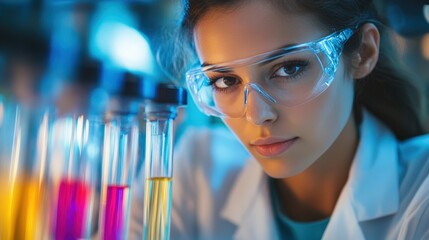 Wall Mural - A scientist focuses intently on her work with colorful test tubes in a laboratory setting