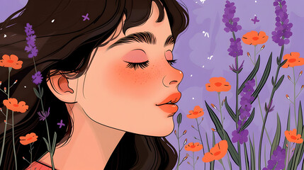 Wall Mural - Girl with Flowers Illustration