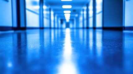 Aufkleber - A polished floor reflects blue lights in a long corridor of a modern healthcare facility, creating a tranquil atmosphere during the night