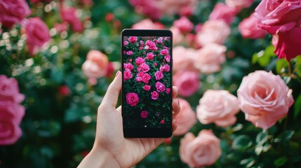 Wall Mural - A hand holds a smartphone displaying vivid pink roses, surrounded by a beautiful garden filled with blooming flowers