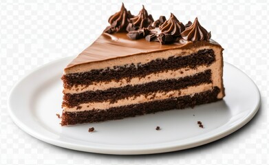 White plate with delectable chocolate cake slice and rich fudge frosting