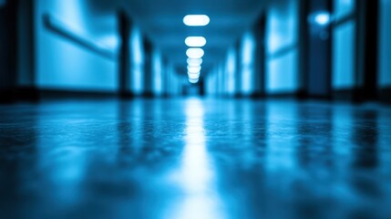 Aufkleber - A long, empty hallway showcases blue lighting casting reflections on the polished floor, creating an atmospheric and tranquil setting