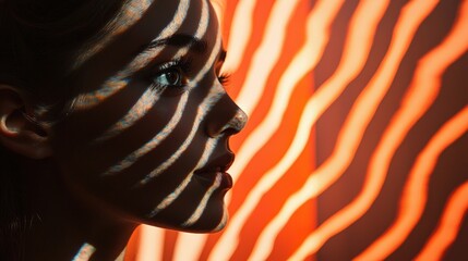 Poster - A woman’s profile is illuminated by dramatic shadows created by patterned light, set against a vibrant orange background