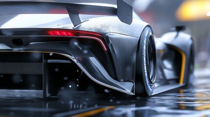 Poster - A sleek race car showcases its aerodynamic design while navigating a rain-soaked track, droplets shimmering on its exterior under intense racing conditions.