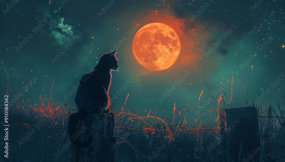 Mysterious Black Cat Gazing at Lunar Orange Moon on Fence, 3D Cinematic ...