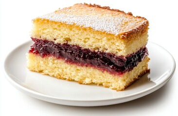 A sweet dessert of layered sponge cake with strawberry jam filling on a white plate