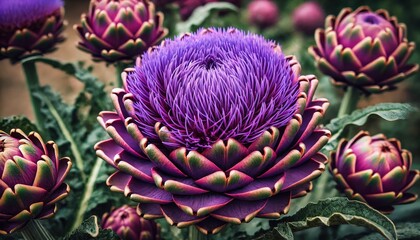 Sticker - Stunning purple artichokes are blooming prominently in a lush garden, showcasing their unique, spiky, and intricate petals under the warm sunlight