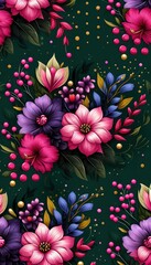 Poster - A colorful display of pink and purple flowers with various foliage, set against a rich dark green backdrop, creating a lively and artistic composition