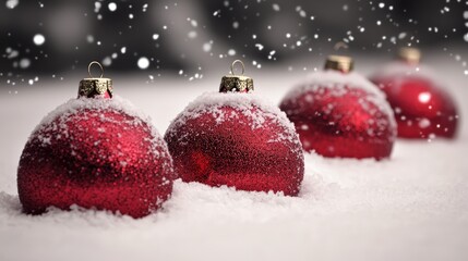 Poster - Red Christmas ornaments resting in soft snow, surrounded by falling snowflakes, creating a festive winter atmosphere for the holiday season