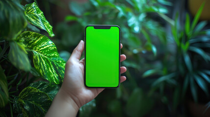 Poster - a hand presents a smartphone with a green screen, framed by vibrant indoor plants, creating a fresh 