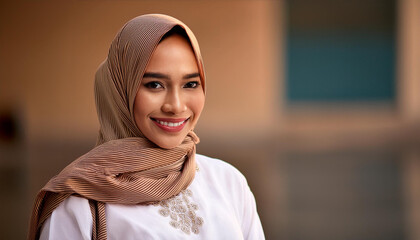 Portrait of beautiful young smiling muslim woman in traditional religious hijab on isolated background