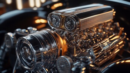 Aufkleber - A stunning close-up reveals the intricate design and shine of a custom car engine showcased at an evening auto exhibition.