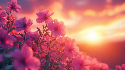 Poster - Pink flowers bask in the warm glow of a stunning sunset, surrounded by soft clouds and a tranquil atmosphere