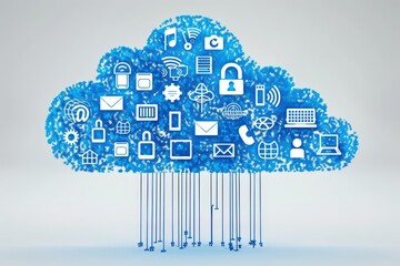 Poster - A cloud filled with technology icons illustrating online services, data security, and communication methods in a vibrant design