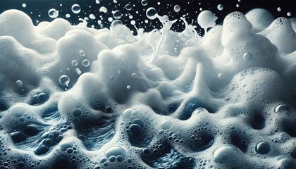 Poster - Foamy water background. The image showcases a surface with thick white foam and bubbles floating atop deep blue water.