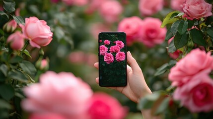 Poster - A hand holds a smartphone showing vibrant pink roses amidst a blooming garden filled with greenery in daylight