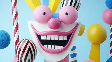 Fototapete - A vibrant clown sculpture with exaggerated features stands amid cheerful, colorful decorations against a light blue background