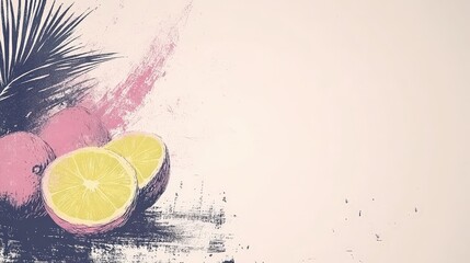 Poster - A colorful display featuring sliced lemon and whole passion fruits with tropical foliage in a minimalist arrangement