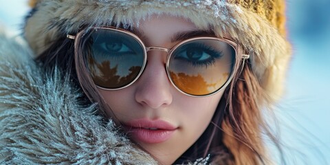 Wall Mural - A person wearing sunglasses and a fuzzy hat, suitable for winter or outdoor activities