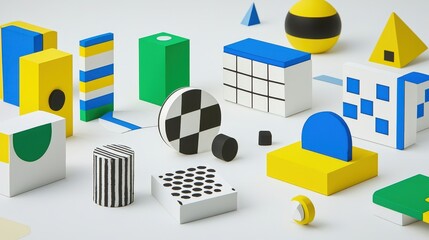 Fototapete - Various colorful geometric shapes in blue, green, yellow, and black are creatively arranged on a bright white surface
