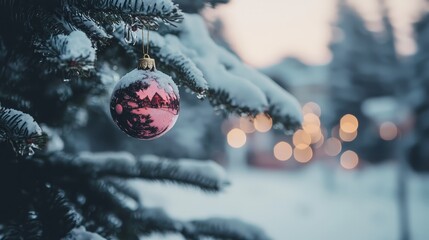 Poster - A beautiful ornament reflects a snowy landscape, hanging on a Christmas tree, as twilight descends and lights twinkle in the background