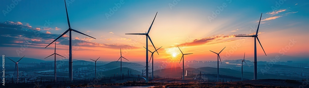 Futuristic skyscrapers with integrated wind turbines, harnessing ...