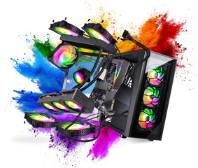 Fototapete - Black modern high end gaming computer with glass windows and bright colorful rainbow RGB LED lights grey background. flying parts and components pc in exploded view.