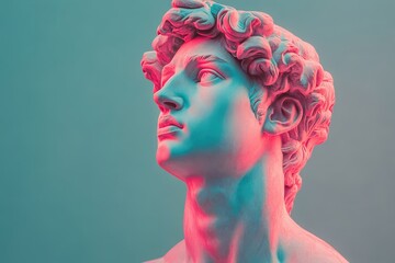 Aufkleber - A marble statue of a young man is illuminated with vibrant pink and blue lights, showcasing intricate details and a thoughtful expression