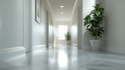 Aufkleber - A well-lit hallway showcases a potted plant, smooth flooring, and decorative artwork, creating a serene atmosphere in a contemporary home