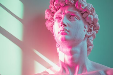 Aufkleber - A marble sculpture  is illuminated with pink and blue light, highlighting its intricate details in an art gallery during late afternoon