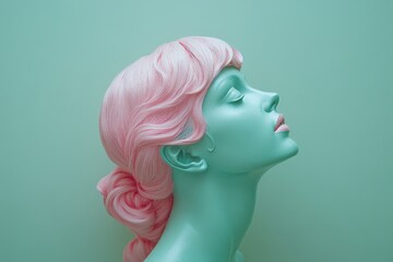 Poster - A mannequin with soft pink hair poses serenely against a turquoise background, exuding a chic and artistic vibe