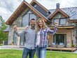 © Vitalii Shkurko - Joyful couple standing in front of their new modern stone house, celebrating their home purchase with arms raised in triumph.