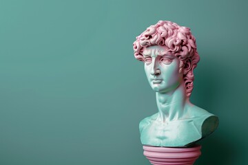 Aufkleber - A vintage-style bust  with pink and turquoise details stands elegantly against a soft teal wall, showcasing artistic craftsmanship and design