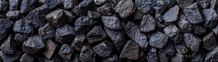 Aufkleber - Small, irregularly shaped black coal rocks are tightly stacked together, creating a textured surface under natural light