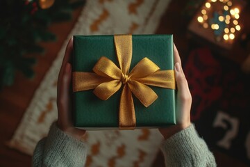 A person holding a green box with a gold bow, perfect for gift-giving or decoration