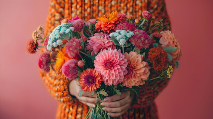 Canvas Print - Colorful Flower Bouquet Held by a Person in Orange Sweater - Photo