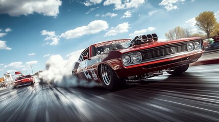 Poster - Two vintage muscle cars compete on the drag strip, leaving clouds of tire smoke against a clear blue sky.