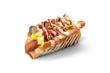 Wall Mural - Hot dog with sausages and mustard on a white background.