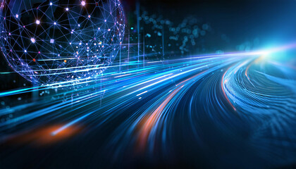 Abstract blue background, abstract technology background of high speed global data transfer, ultra fast broadband and connection, digital cyber tech motion