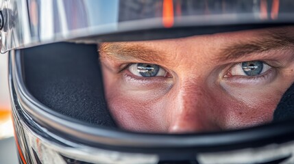 Aufkleber - A focused racer stares intently from behind a helmet, showcasing determination and concentration while on the track.