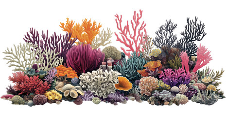 A tropical coral reef on rocks isolated on a white background